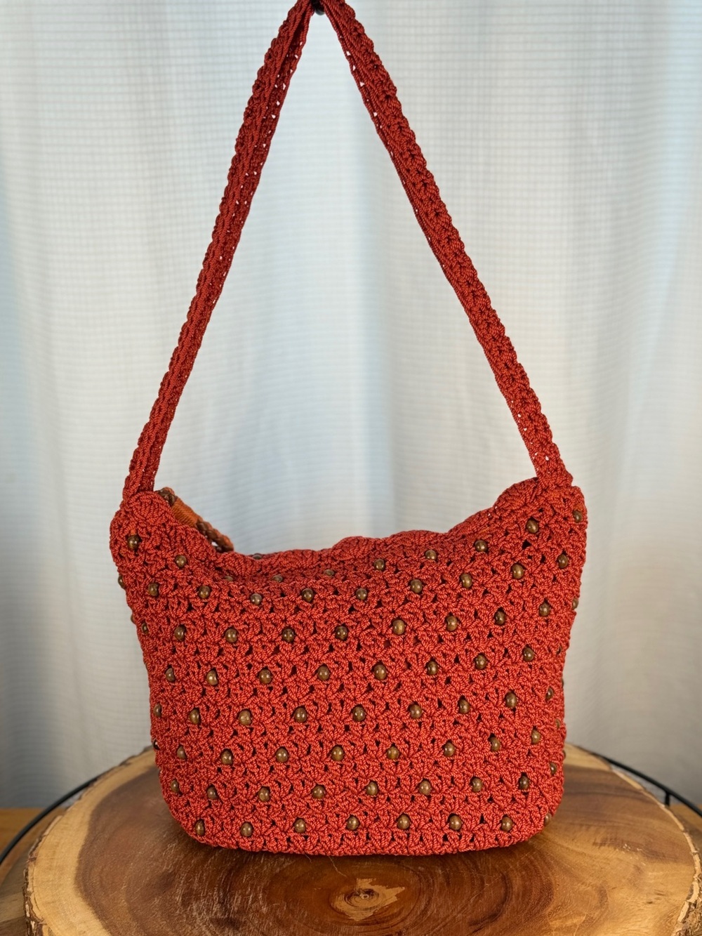 The Sak Red Crochet Wood Bead Shoulder Bag Boho Artisan Hand-Crocheted Hobo EUC